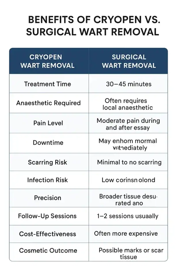 Table showing the benefits of cryopen to remove warts Hatfield compared to surgical treatment